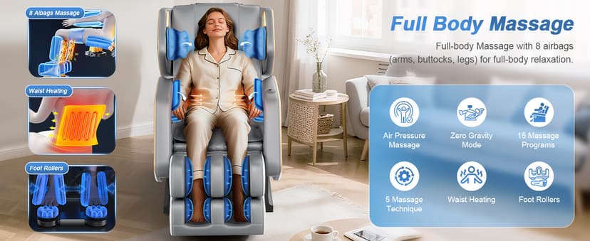Massage Chair Full Body, Zero Gravity Massage Chair 2026 for Back Fatigue with 10 Fixed Rollers, Heating, Airbags, Phone Controller, Bluetooth Speaker, Nightlights for Living Room, Bedroom