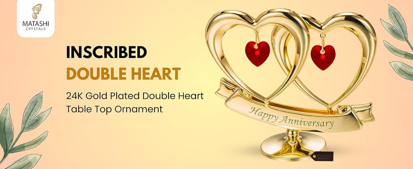 Matashi 24K Gold Plated "Happy Anniversary" Double Heart Table Top Ornament With Red-Cut Crystals