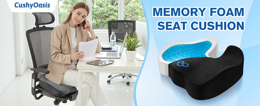 CushyOasis Seat Cushion, Gel Chair Cushions, Office Chair Cushions, Anti-Slip Bottom & Removable Cover Tailbone Pain Relief Cushion, Memory Foam Seat Cushion for Office, Wheelchair, Car (Black)
