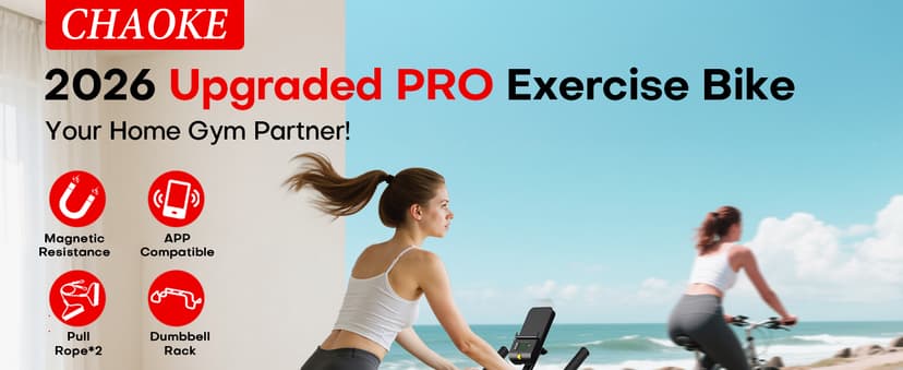 CHAOKE Exercise Bike, Quiet Adjustable Magnetic Stationary Bike for Home Cardio with App Compatible, 350LB Weight Capacity Indoor Cycling Bike with Large Seat, Dumbbell Rack, Pull Cords & LCD Display