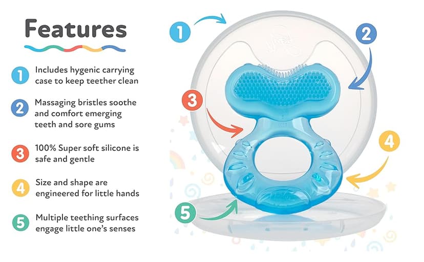 Nuby Silicone Teethe-EEZ Teether with Bristles, Includes Hygienic Case, Blue