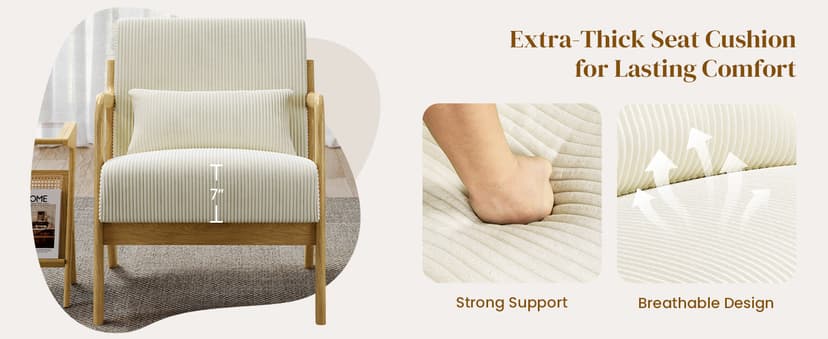 Yaheetech Accent Chair for Living Room, Corduroy Mid Century Modern Reading Armchairs with Lumbar Pillow for Bedroom, Decorative Sofa Chair for Adult Beige/Set of 1