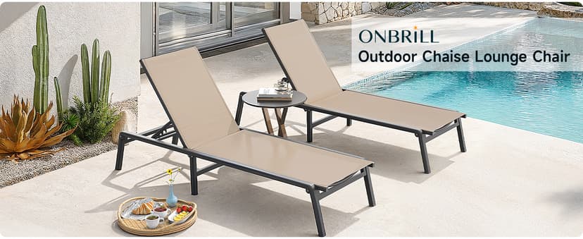ONBRILL Aluminum Chaise Lounge Chair Outdoor, Foldable & Assembly Free Outdoor Lounge Chair with 5 Position Adjustable Backrest, Patio Pool Lounge Chairs for Outside Poolside Beach Lawn, 1PC, Khaki