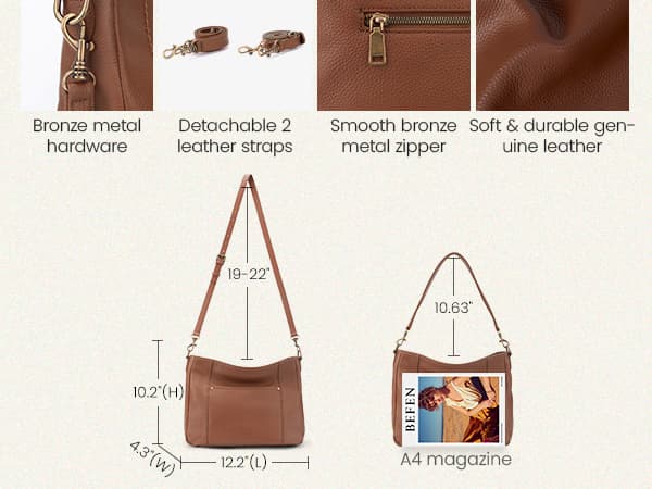 befen Genuine Leather Hobo Crossbody Bags for Women Retro Leather Purses Handbags Shoulder Bag with 2 Shoulder Straps
