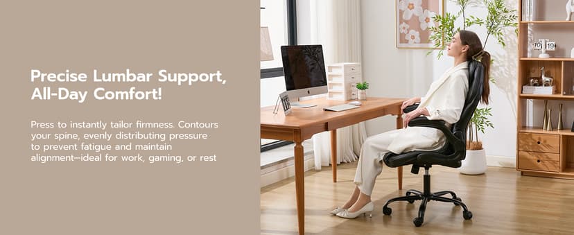 Ylzyxal Office Desk Chair, Ergonomic Computer Chair with Padded Flip-Up Arms and Adjustable Lumbar Support, PU Leather Executive Chair with Tilt Lock and 360° Swivel Rolling Wheels for Work, Study