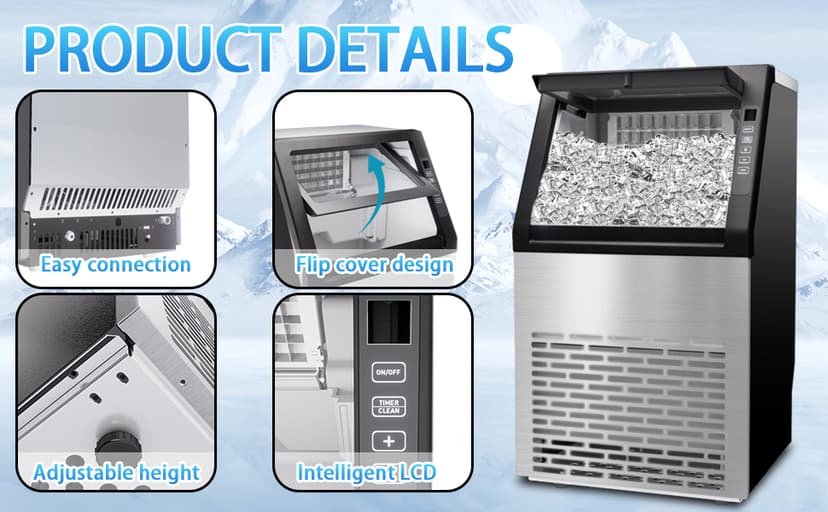Commercial Ice Machine, 100LBS/Day Stainless Steel Freestanding Large Ice Maker, 36 Cubes in 11Mins, 24H Timer, Self-Cleaning, Ideal for Restaurant, Bars, Home and Offices