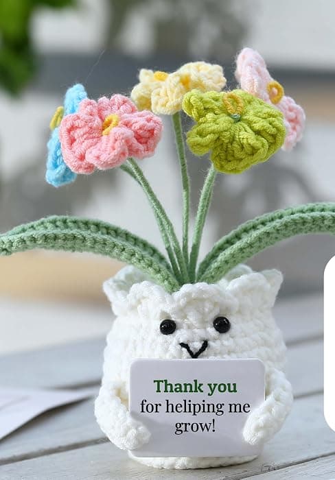 Cute Gifts for Women, Boss Day, Teacher Appreciation, Coworker & Nurse Thank You Gift, Desk Decor, 4.7 In H × 2.4 In W Forget-Me-Not Crochet Flower Potted Plant Gift B0F26ST99P