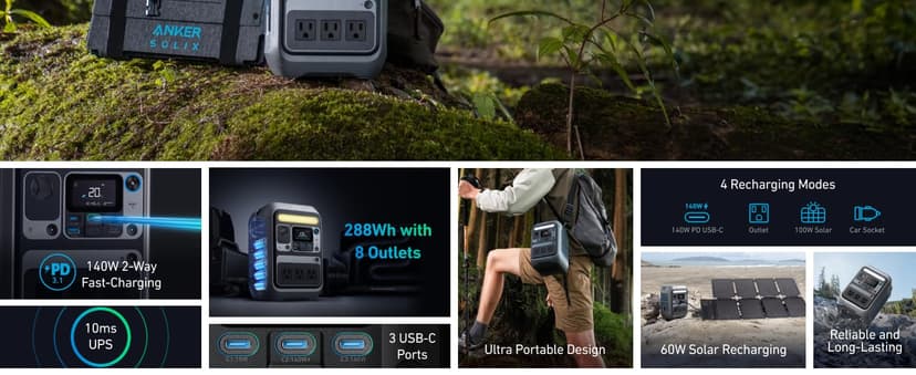 Anker Solar Generator SOLIX C300 with 60W Solar Panel, 288Wh Portable Power Station, 300W (600W Surge), LiFePO4 Battery, 140W Two-Way Fast Charging, for Outdoor Camping, Traveling, and Emergencies