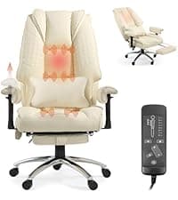 Massage Office Chair with Heat - 6 Points Vibration 400LBS Leather Reclining Office Chair with Lumbar Pillow, Adjust Headrest and Armrest, Executive Desk Chair for Home Office, Beige