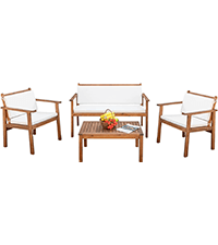 Devoko Dining 7 PCS Furniture, Patio Conversation Set with Acacia Wood Table Top, Outdoor, Beige Cushion and Black Rattan