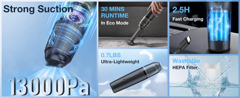 Car Handheld Vacuum Cordless 13000 PA Suction Power, Portable Mini Vacuum Cleaner for Car Home Office and Pet Hair, Black