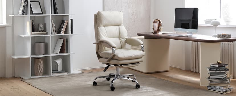 LEAGOO Office Chair with Foot Rest, Ergonomic Executive Office Chair with Arms, Reclining High Back PU Leather Comfy Swivel Computer Desk Chairs with Wheels and Lumbar Support for Home Office, Cream