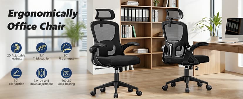 Ergonomic Office Chair, High Back Desk Chair with Flip-up Arms, 300 LBS Mesh Computer Chair with Adjustable Headrest & Lumbar Support, Comfy Gaming Chair for Adults, Home Office Desk Chairs (Black)