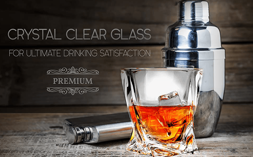 Mfacoy Old Fashioned Whiskey Glasses Set of 4 (2 Crystal Bourbon Glasses, 2 Round Big Ice Ball Molds 11 Oz Rocks Glass with Gift Box, Barware for Scotch Cocktail Rum Vodka Liquor, Gifts for Men