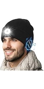 Bluetooth Beanie with Light, Headlamp Hat with Headphones and Built-in Speaker Mic, Unique Christmas Gifts for Men Husband