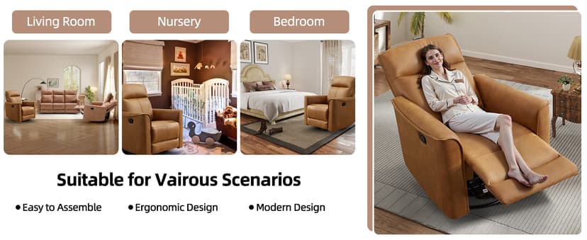 CANMOV Swivel Rocker Recliner, Glider Rocking Chair, Nursing Chairs Swivel Glider Recliners with Soft Backrest, Leathaire Manual Reclining Sofa for Living Room Bedroom Apartment, Brown