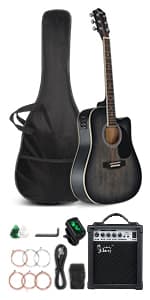 GLARRY Full Size 6 Strings Acoustic Electric Guitar Beginner Kit w/ 15W Amp, Cutaway 41 Inch Electric Acoustic Guitar w/Inbuilt Tuner, Bag, Strap, Picks, Strings, Basswood Guitarra, Distressed Black