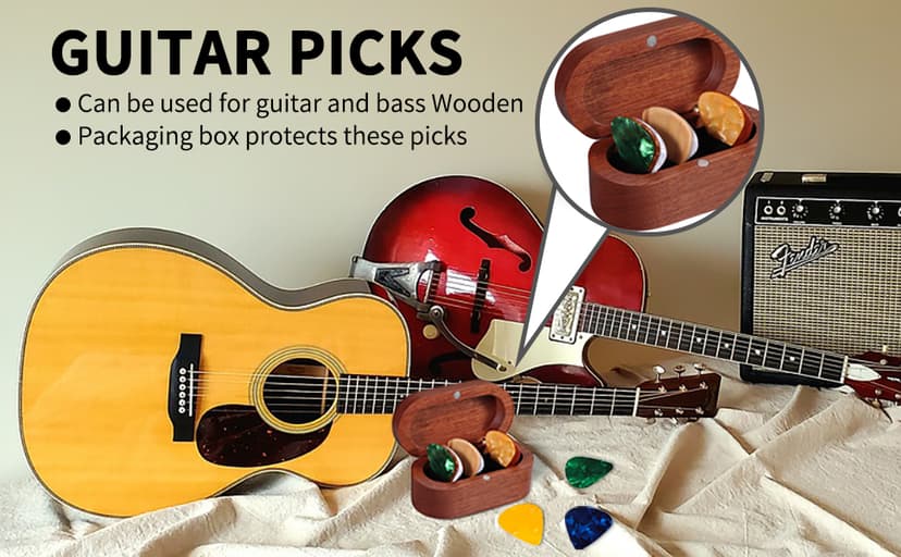 Walnut Guitar Plectrum Holder Set with 2 Color Wood Plectrums and 8 Celluloid Plectrums (4 Thicknesses),Mini Jewelry Box,Brown Wooden Trinkets,Box Size 3.35 * 1.77 * 1.57 inch (Wood color)