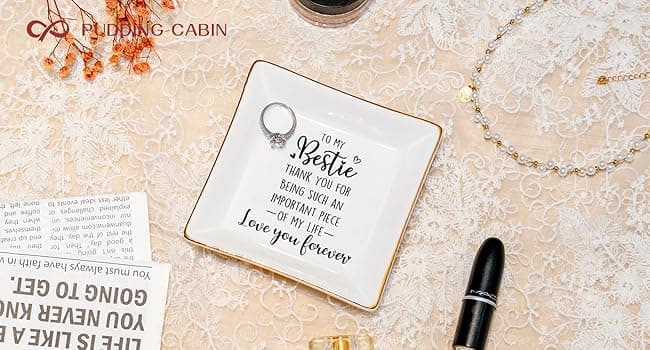 PUDDING CABIN Bestie Gifts for Women Thank you for being such an important piece of my life Ceramic Jewelry Dish for Rings Earrings, Friend Birthday Gifts for Women Female Bff Soul Sister Work Bestie