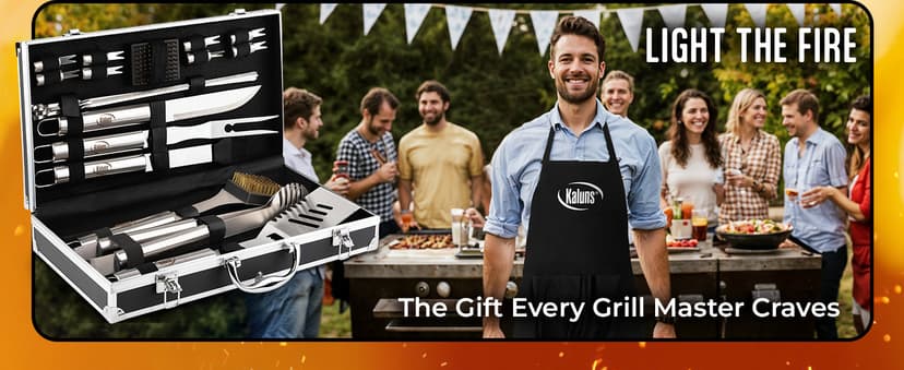 Kaluns Grilling Accessories, Birthday Gifts for Men Grilling Gifts, Heavy Duty Stainless Steel BBQ Grill Tools Set for Outdoor Grill with Aluminum Case and Apron, Husband Dad Gifts for Christmas