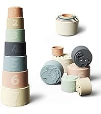 Moonkie Stacks of Circles Soft Teething Toy | Educational Learning Baby Toy | Stacking Ring Toys for Babies Boy and Girl | 7 Piece Teethers Set