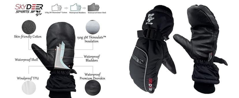 SKYDEER Waterproof Premium Deerskin Leather Ski Mittens with 150G 3M Thinsulate, Ultra Soft & Durable & Warm (SD8650M)