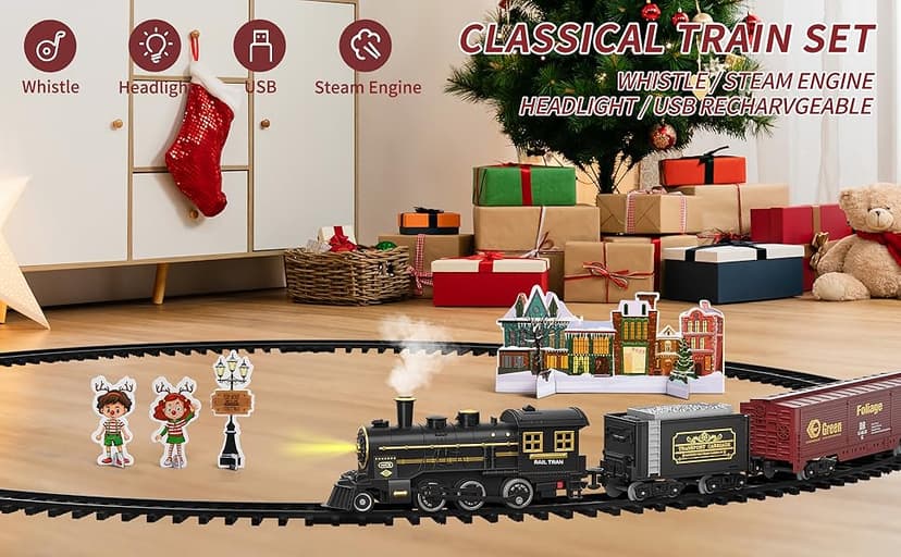 TEMI Steam Train Toy Set for Boys 3 4 5 6 7 Years, with Sounds & Light, Electric Classical Engine Locomotive for Kids, Rechargeable Model Train Kit for Christmas Tree, Cargo Car Railway Tracks