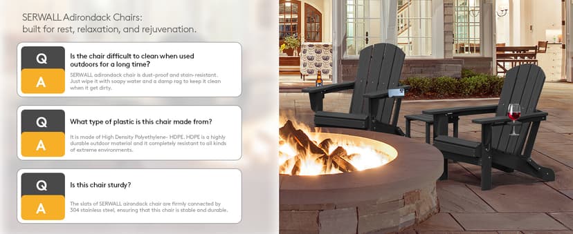 SERWALL HDPE Folding Adirondack Chair with Dual Cup Holder - Composite Adirondack Chair Set of 4- Black