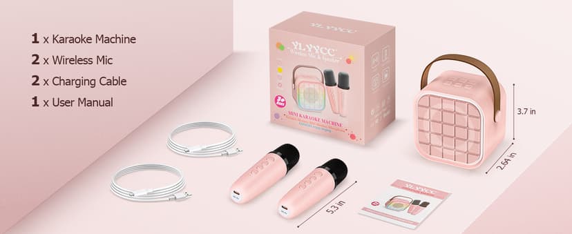 Mini Karaoke Machine with 2 Wireless Microphone, Portable Pink Bluetooth Speaker for Kids Adult, Birthday Teen Toys Gifts Ideas for Girls Ages 4 5 6 7 8 9 10 11 12+ Year Old, Family Home Party