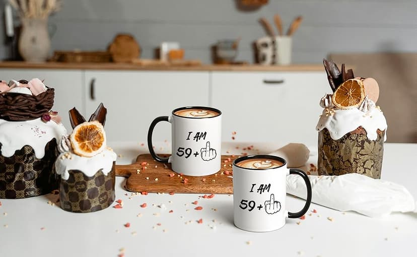 YHRJWN - 60th Birthday Gifts for Men Women, I Am 59 Plus Middle Finger Coffee Mug for Dad Mom Friends, Birthday Gift Ideas for 60 Year Old Woman, White 11 Oz Mug with Black Handle