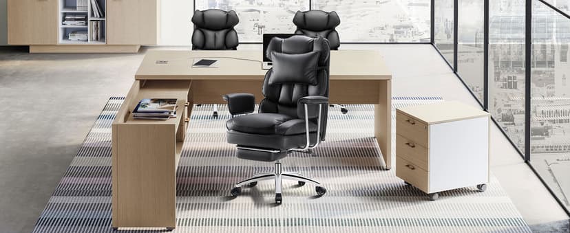 Sweetcrispy Executive Home Office Desk Chair - Ergonomic Big Tall High Back with Footrest & Lumbar Support, Reclining Height Adjustable, Comfy PU Leather Computer Gaming with Swivel Wheels, Black