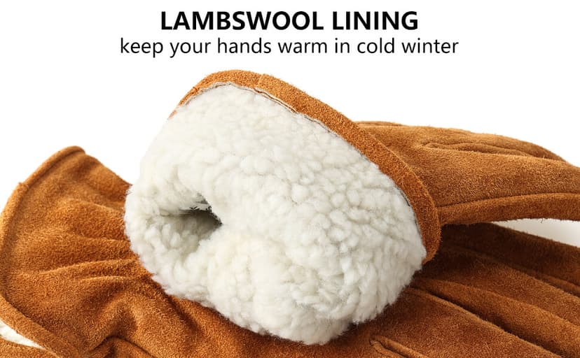 OZERO Work Gloves Winter Insulated Snow Cold Proof Leather Glove Thick Thermal Imitation Lambswool - Extra Grip Flexible Warm for Working in Cold Weather for Men and Women (Brown,Large)
