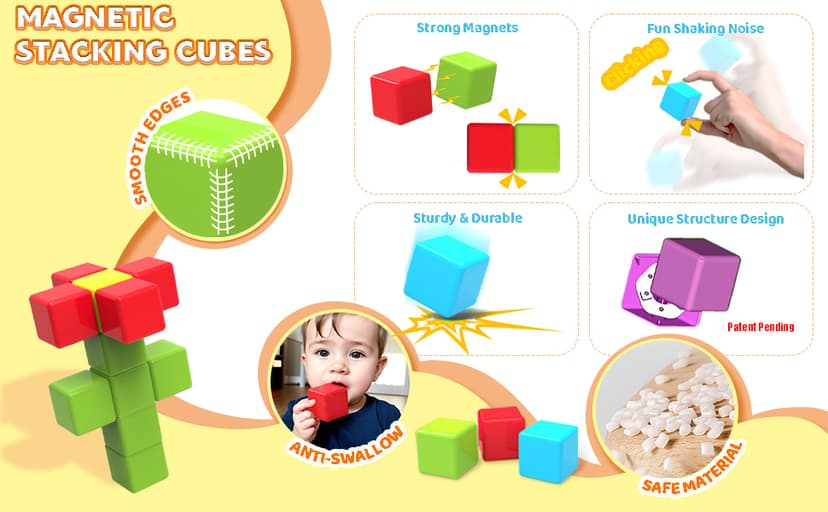 Sensory & Montessori Toys for Boys & Girls 1 2 3 Years Old, Toddler Travel Toys, Magnet Toys for Kids Birthday Gifts (12 PCS) Magnetic Building Blocks Large, 1.65 inch Stacking Cubes for Toddlers B0CHJTD1FS