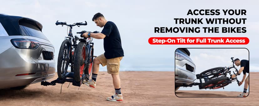 Ebike Rack with Ramp for 2 E-Bikes, Hitch Bike Rack Fits 5" Fat Tire, Heavy-Duty Platform Carrier with Ramp, Foldable Tilting Locking, 2" Receiver for Cars SUVs Trucks, No Assembly