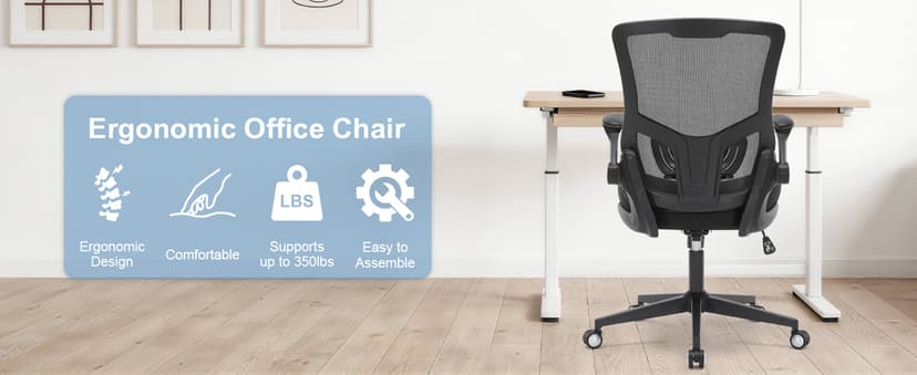 Office Chair, Ergonomic Desk Chair with Adjustable Lumbar Support, Breathable Mesh Computer Chair with Flip-up Armrests, 350lbs Comfy Swivel Task Chairs for Home Office, Black