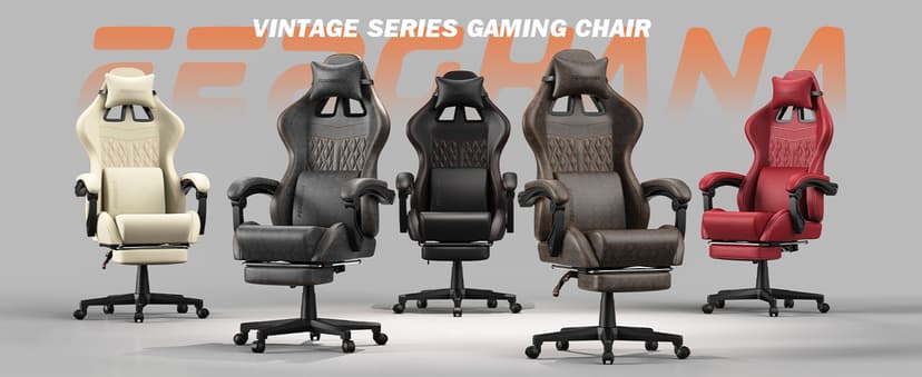 Ferghana Vintage PU Leather Gaming Chair, Ergonomic Gamer Chair with Massage, High Back Computer Office Chair with Footrest for Adults, Racing Style Reclining Video Game Chair (Brown)