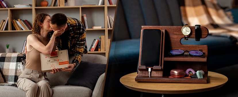 TESLYAR Wood Phone Docking Station for Men - Desktop or Nightstand Organizer - Birthday Gifts for Men, Dad - Anniversary Idea from Wife - Key Holder, Stand Wallet, Watch & Essentials (Bourbon Brown)