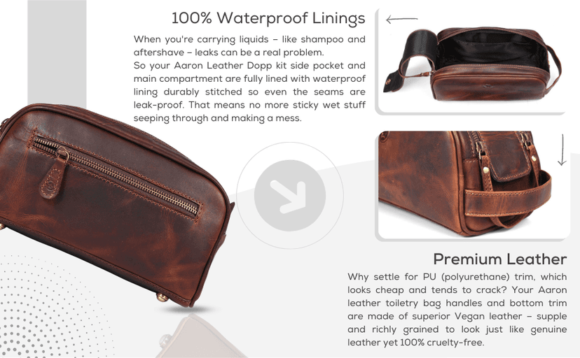 10" Premium Leather Toiletry Travel Pouch With Waterproof Lining | King-Size Handcrafted Vintage Dopp - Kit By Aaron Leather Goods (Dark Brown)