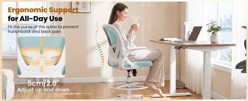 Primy Drafting Chair Tall Office Chair with Flip-up Armrests Executive Ergonomic Computer Standing Desk Chair with Lumbar Support and Adjustable Footrest Ring(Light Blue)