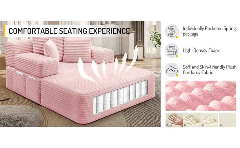 2 in 1 Corduroy Chaise Lounge Chair Indoor, 60'' Oversized Boneless Sofa Chaise Lounge with Pocket, Plush Cozy Deep Seat Couch Chair for Living Room, Bedroom, Small Spaces, RV (Pink)