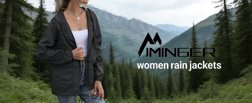 JMinger Women's Raincoats Lightweight Waterproof Windproof Adjustable Windbreaker Rain Jackets Hooded with Pockets S-XXL