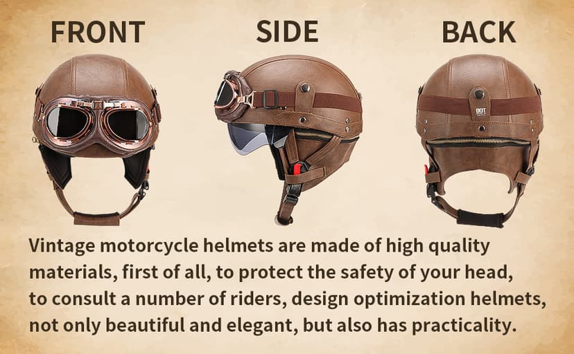 German Style Leather Motorcycle Half Helmet for Adults Men Women, DOT Approved Vintage Cap Half Face Shell Motorcycle Helmets for Cruiser Chopper+Goggles