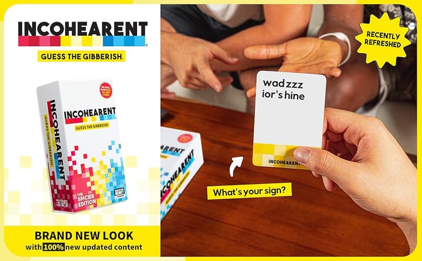 WHAT DO YOU MEME? Incohearent, The Guess The Gibberish Party Game by Relatable, A Funny Card Game for Adults, Great for Game Night Games, Includes 400 Cards, Instructions, and 1 Sand Timer
