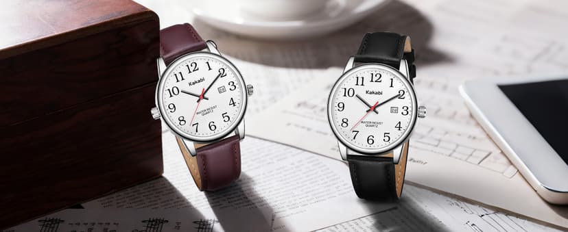 Kakabi Watch for Men, Easy Reader Unisex Analog Quartz Waterproof Wristwatch with Date and Leather Band, Casual Simple Fashion Mens Watches Gift