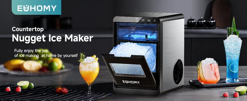 EUHOMY Nugget Ice Maker Countertop, 40Lbs/24H Pebble Ice Maker Machine, Self-Cleaning Countertop Sonic Ice Makers with Ice Scoop&Basket, Pellet Ice Maker Machine for Home/Kitchen/Office