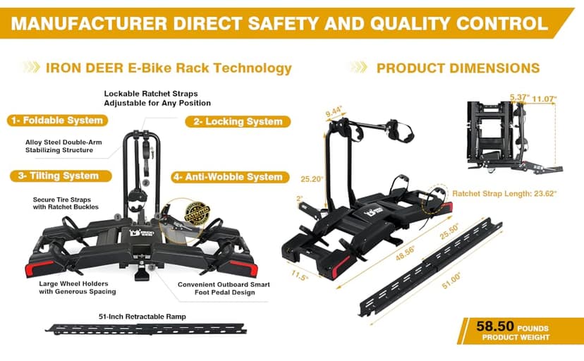 Ebike Rack with Ramp for 2 E-Bikes 200 lbs Capacity Fits 5" Fat Tire, Hitch Bike Rack for Cars SUVs Trucks with 2" Receiver, Foldable Tilting Locking No Assembly Needed E-Bike Platform Carrier