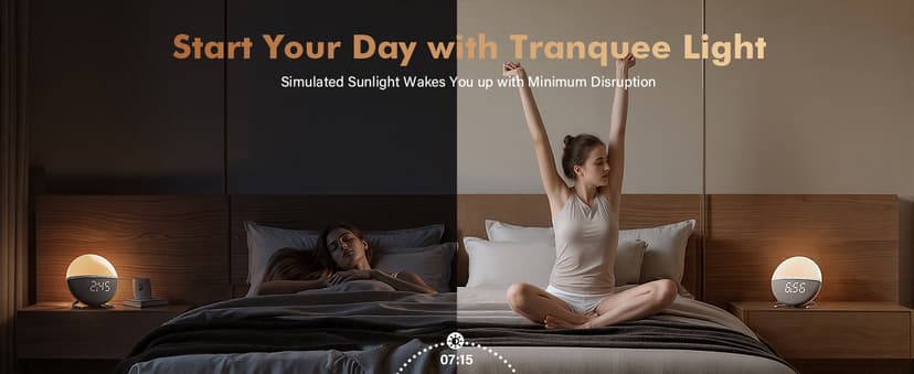 Tranquee Sunrise Alarm Clock for Bedrooms – Gentle Wake Up Light with Soothing Night Light & Ambient Sounds, Alarm Clock for Heavy Sleepers, Shift Workers, Kids & Adult, Relaxing Bedside Lamp Gift