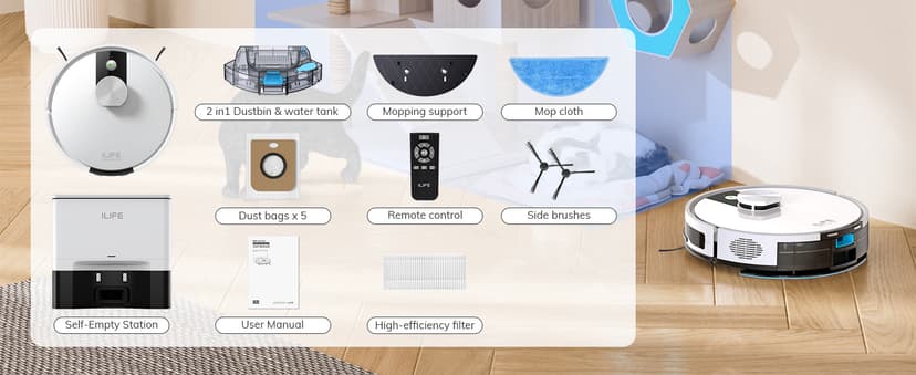 ILIFE A12 Pro Robot Vacuum and Mop Combo, Self Emptying Station for 60 Days, LiDAR Navigation, Home Mapping, No-Go Zones, 2.4G WiFi/App/Alexa/Remote Control, for Hard Floors, 110V