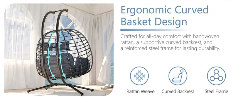 SWITTE Double Egg Swing Chair with Stand, Outdoor Patio 2 Person Hanging Wicker Hammock Chairs with Cushion for Indoor Bedroom, Lawn, Garden-Dark Grey