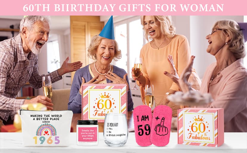 60th Birthday Gifts for Women Funny 60 Year Old Birthday Gifts for Women Turning 60 Gift for Woman Happy 60th Bday Decorations for Woman Mom Her - Wine Glass Makeup Bag Candle Socks